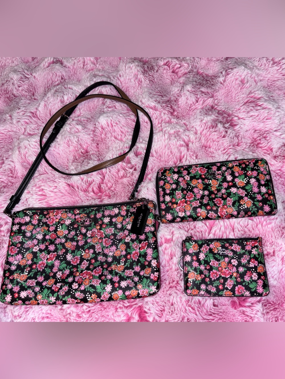 Coach Black Floral Crossbody, Wallet and Coin Purse